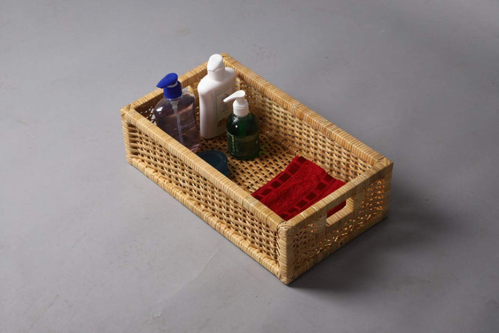 Luxury Rattan Handicrafts  Handmade Bamboo Wicker Storage Organizer Basket for Cloth, Toiletry, Bathroom (16 x 9 x 4.5, Beige,Rattan,Pack of 1) - 