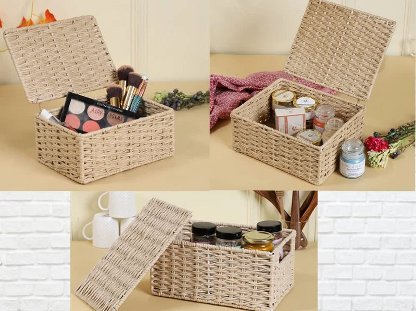 Wicker Storage Basket Set of 3 with Lids- Orinfield
