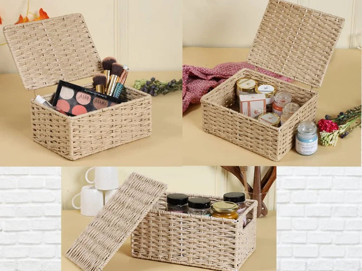 Wicker Storage Basket Set of 3 with Lids- Orinfield