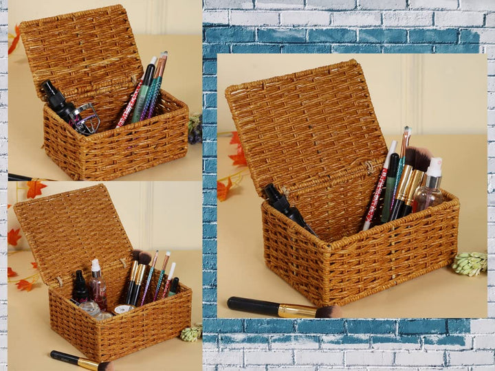 Luxury Rattan Handicrafts  wicker water hyacinth kauna grass bamboo cane Storage Basket with Lids Rectangular Handwoven Wicker Organizer Baskets Desktop Storage Box Rattan Container Desk Basket Bins(Brown)(SET OF 3) - Luxury Rattan Handicrafts 