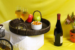 Wicker Serving Tray Antique Black | Rectangle Platter with Handles - Azara
