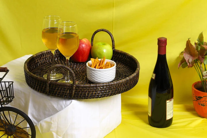 Wicker Serving Tray Antique Black | Rectangle Platter with Handles - Azara