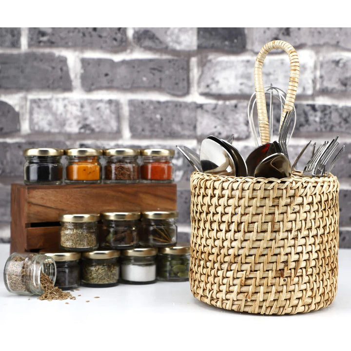 Cane Round Spoon Stand for Dining Table | Rattan Cutlery Holder - Preston