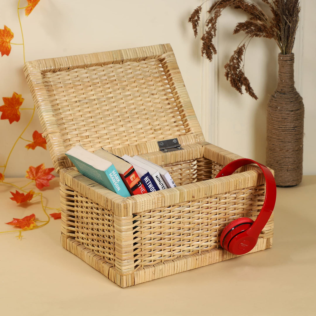 Luxury Rattan Handicrafts  wicker water hyacinth kauna grass bamboo cane Storage Basket with Lids Rectangular Handwoven Wicker Organizer Baskets D
