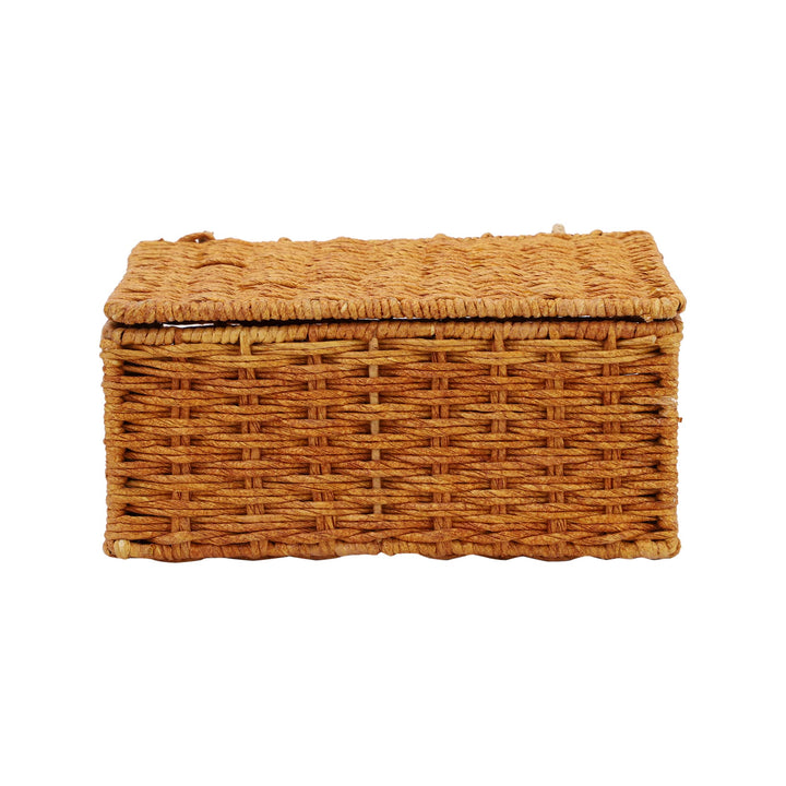 Luxury Rattan Handicrafts  wicker water hyacinth kauna grass bamboo cane Storage Basket with Lids Rectangular Handwoven Wicker Organizer Baskets Desktop Storage Box Rattan Container Desk Basket (Brown)(10"L x 8"W x 4"H)- Luxury Rattan Handicrafts 