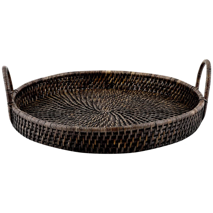Wicker Serving Tray Antique Black | Rectangle Platter with Handles - Azara