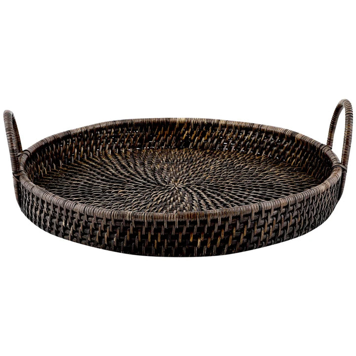 Wicker Serving Tray Antique Black | Rectangle Platter with Handles - Azara