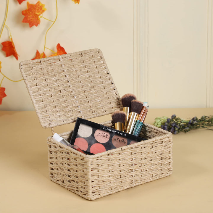 Luxury Rattan Handicrafts  wicker water hyacinth kauna grass bamboo cane Storage Basket with Lids Rectangular Handwoven Wicker Organizer Baskets D