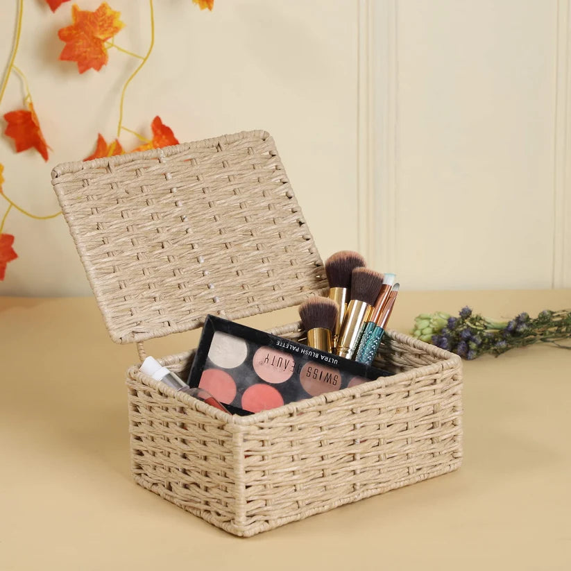 Wicker Storage Basket Set of 3 with Lids- Orinfield