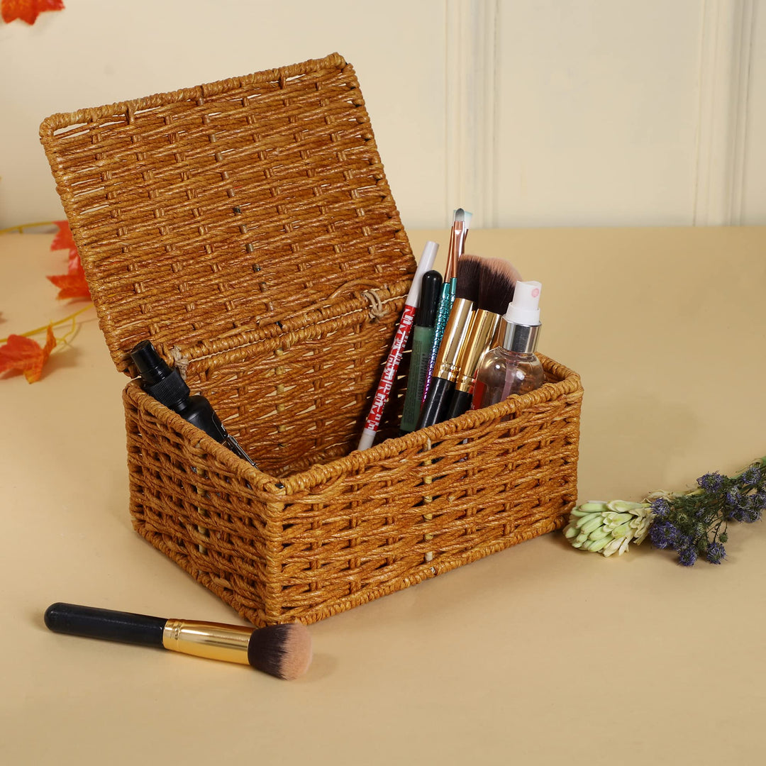 Luxury Rattan Handicrafts  wicker water hyacinth kauna grass bamboo cane Storage Basket with Lids Rectangular Handwoven Wicker Organizer Baskets Desktop Storage Box Rattan Container Desk Basket Bins(Brown)(SET OF 3) - Luxury Rattan Handicrafts 
