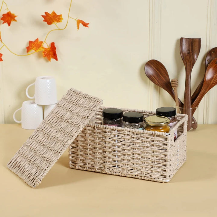 Wicker Storage Basket Set of 3 with Lids- Orinfield