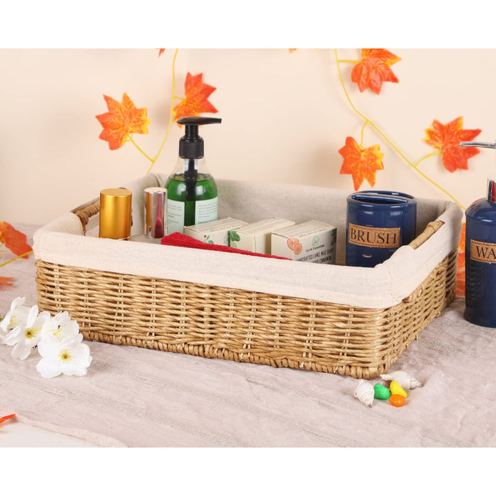 Luxury Rattan Handicrafts  wicker seagrass kauna grass water hyacinth rattan cane storage basket - (Beige) (14" L x 10"W x 4" H,Pack of 1) - Luxury Rattan Handicrafts 
