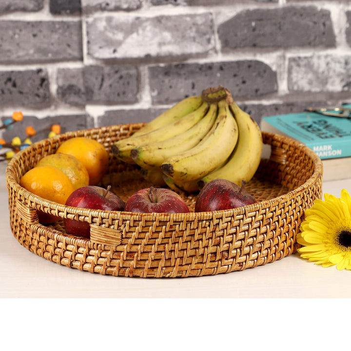 Wicker Round Tray Large for Dining Table | Serving Platter Brown - Zaleon
