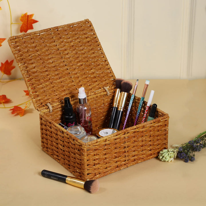 Luxury Rattan Handicrafts  wicker water hyacinth kauna grass bamboo cane Storage Basket with Lids Rectangular Handwoven Wicker Organizer Baskets Desktop Storage Box Rattan Container Desk Basket Bins(Brown)(SET OF 3) - Luxury Rattan Handicrafts 