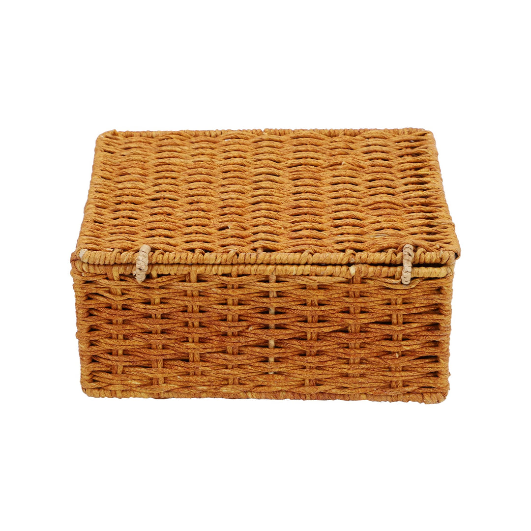 Luxury Rattan Handicrafts  wicker water hyacinth kauna grass bamboo cane Storage Basket with Lids Rectangular Handwoven Wicker Organizer Baskets Desktop Storage Box Rattan Container Desk Basket (Brown)(10"L x 8"W x 4"H)- Luxury Rattan Handicrafts 