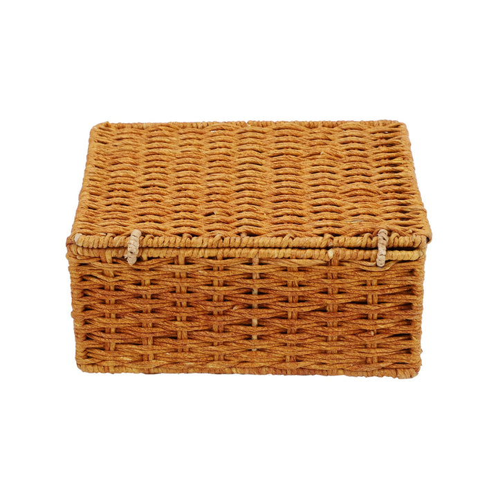 Luxury Rattan Handicrafts  wicker water hyacinth kauna grass bamboo cane Storage Basket with Lids Rectangular Handwoven Wicker Organizer Baskets Desktop Storage Box Rattan Container Desk Basket (Brown)(10"L x 8"W x 4"H)- Luxury Rattan Handicrafts 