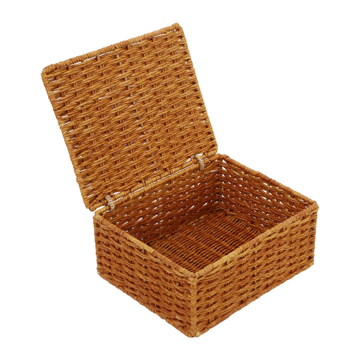 Luxury Rattan Handicrafts  wicker water hyacinth kauna grass bamboo cane Storage Basket with Lids Rectangular Handwoven Wicker Organizer Baskets Desktop Storage Box Rattan Container Desk Basket (Brown)(10"L x 8"W x 4"H)- Luxury Rattan Handicrafts 