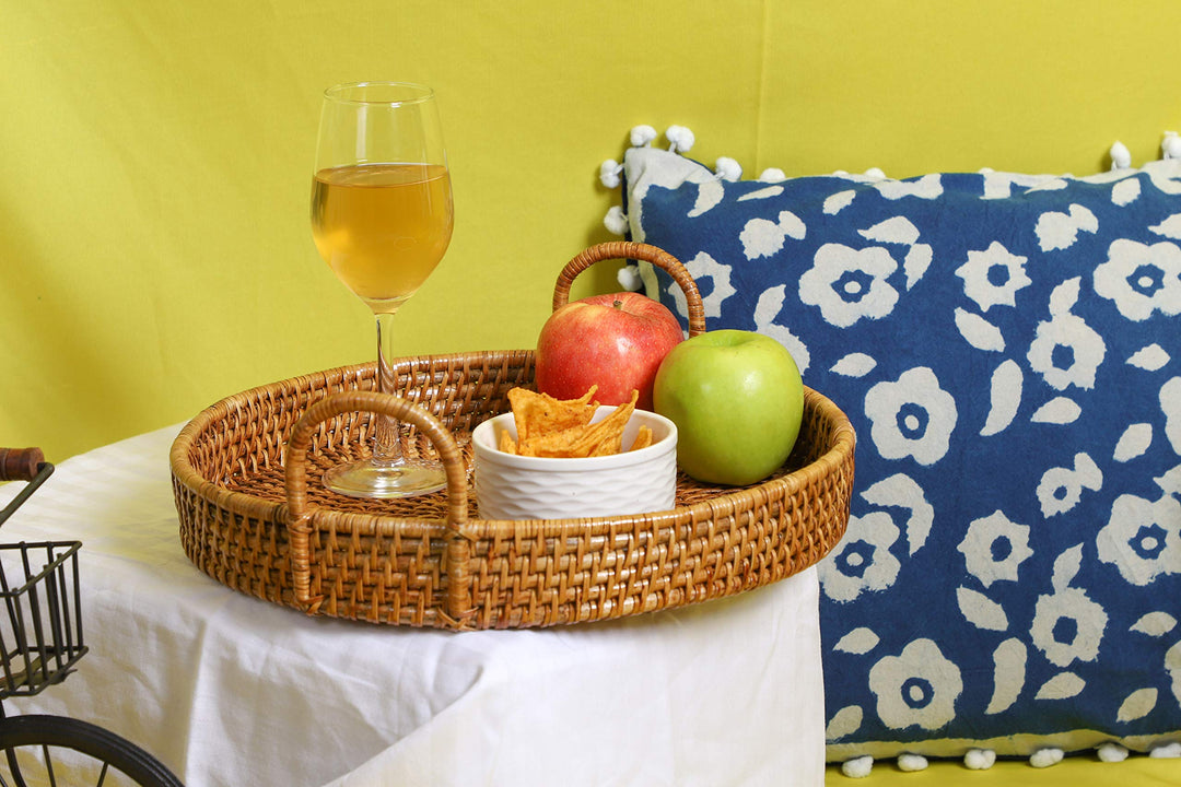Luxury Rattan Handicrafts  Wicker Serving Tray Wooden Serving Tray for Home | Dining Table Decorative Trays | Serving Tray for Party Guests | Rectangle Platter with Handles Diwali or Deepawali Gifts (Beige) - Luxury Rattan Handicrafts 