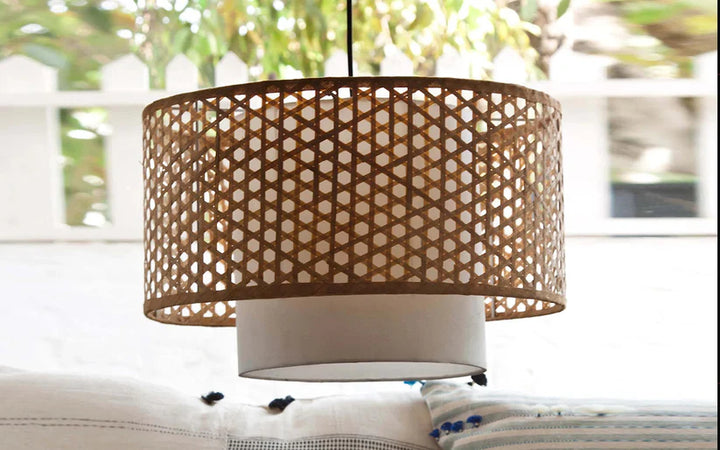 Bamboo Ceiling Light for Living Room | Rattan Flush Mount Lamp - Avery
