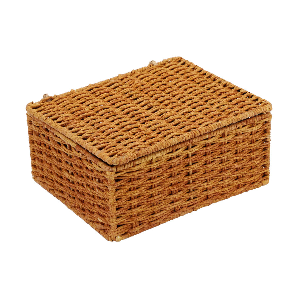 Luxury Rattan Handicrafts  wicker water hyacinth kauna grass bamboo cane Storage Basket with Lids Rectangular Handwoven Wicker Organizer Baskets Desktop Storage Box Rattan Container Desk Basket (Brown)(10"L x 8"W x 4"H)- Luxury Rattan Handicrafts 