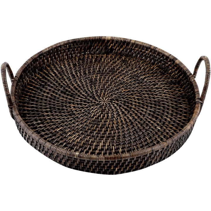 Wicker Serving Tray Antique Black | Rectangle Platter with Handles - Azara