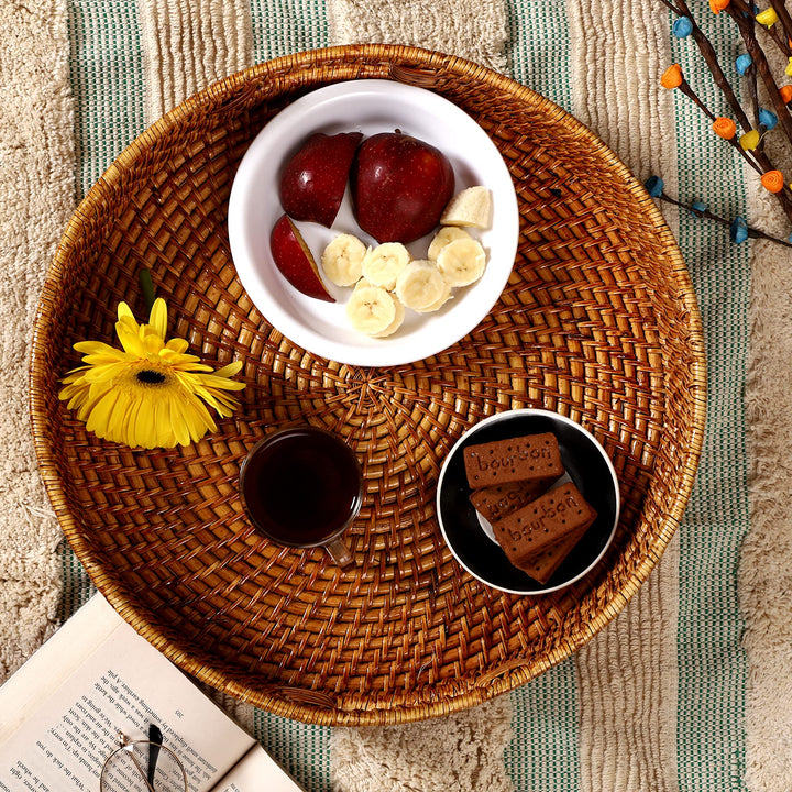 Wicker Round Tray Large for Dining Table | Serving Platter Brown - Zaleon