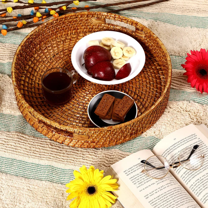 Wicker Round Tray Large for Dining Table | Serving Platter Brown - Zaleon