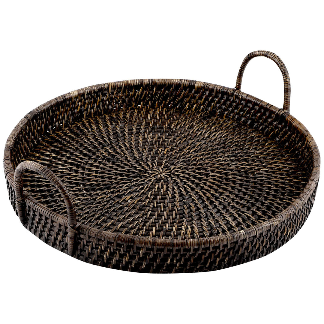 Wicker Serving Tray Antique Black | Rectangle Platter with Handles - Azara