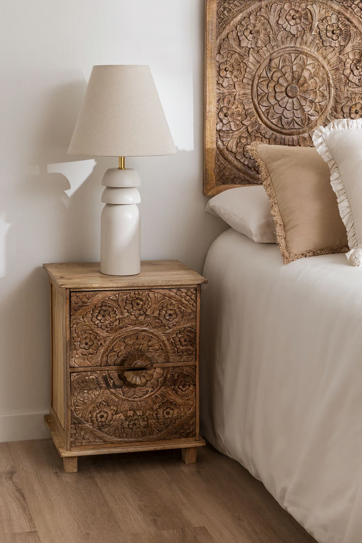 Mango Wood Nightstand with Drawers- Quintus