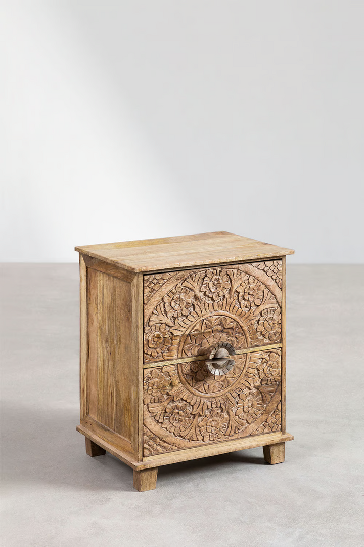 Mango Wood Nightstand with Drawers- Quintus