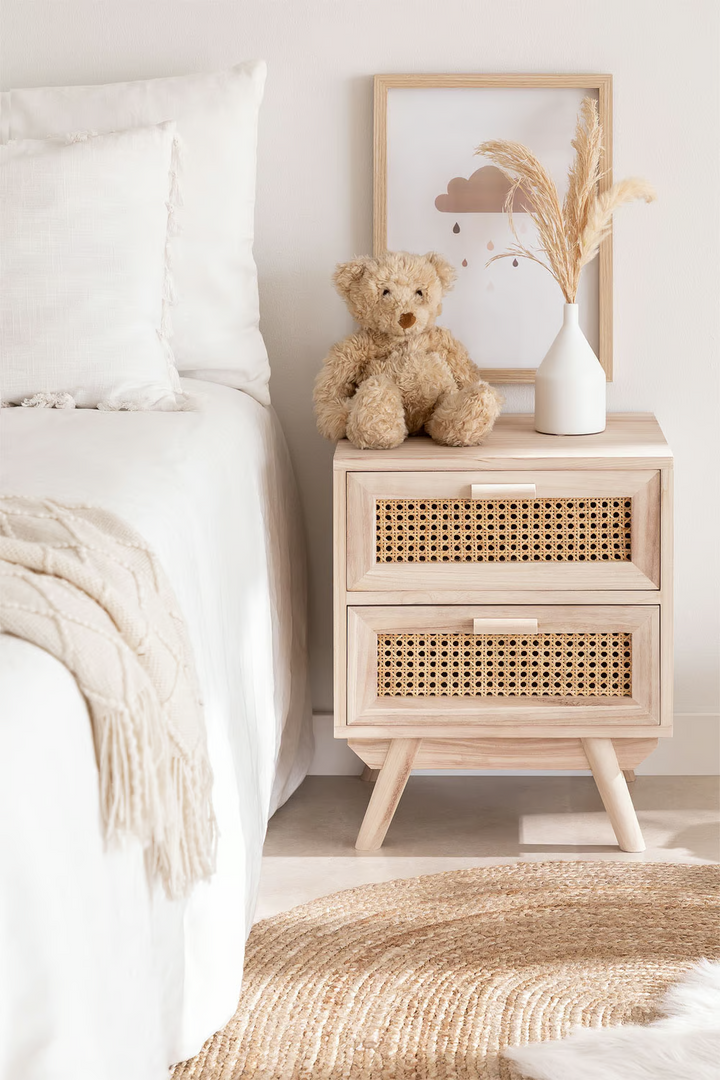 Rattan & Mango Wood Table | Wooden Bedside- Mira