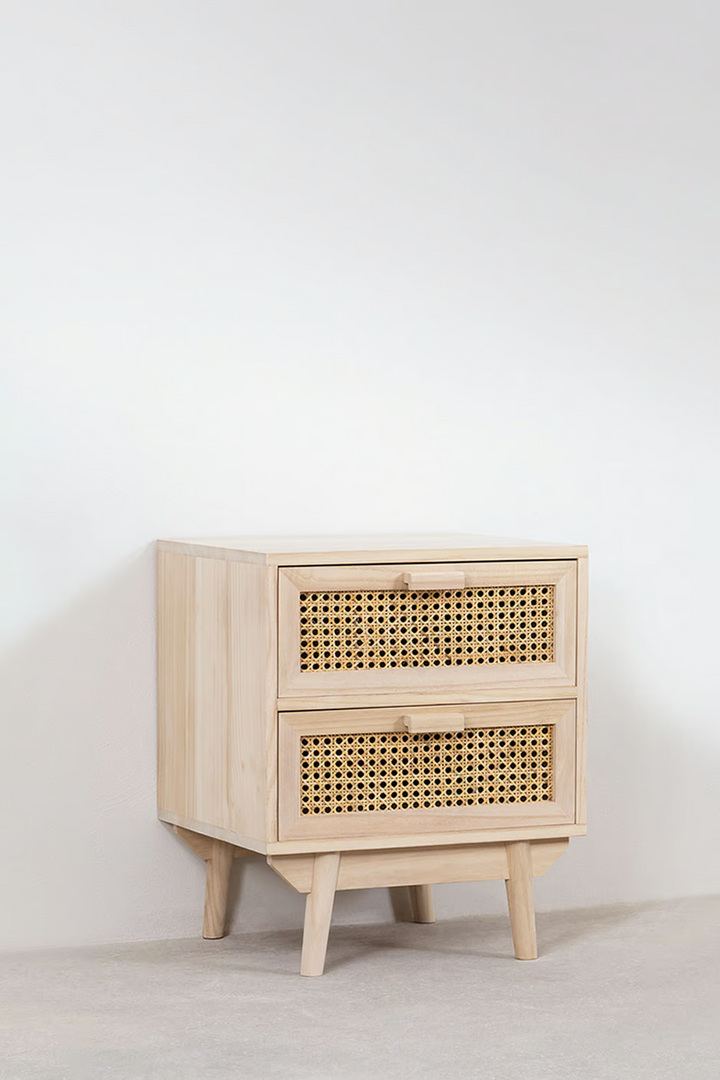 Rattan & Mango Wood Table | Wooden Bedside- Mira
