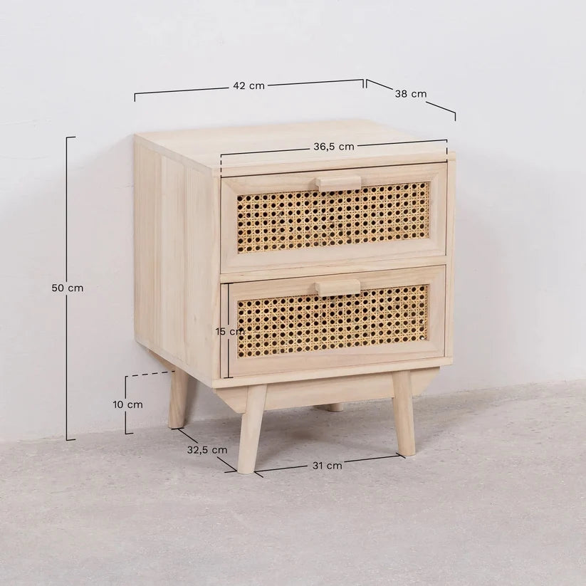Rattan & Mango Wood Table | Wooden Bedside- Mira