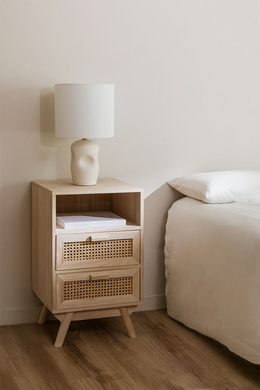 Rattan & Mango Wood Bedside Table with Drawers | Wooden Bedside Table - Agnes