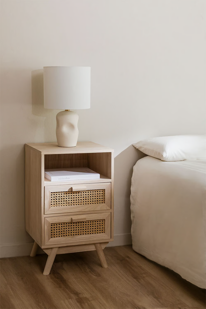 Rattan & Mango Wood Bedside Table with Drawers | Wooden Bedside Table - Agnes