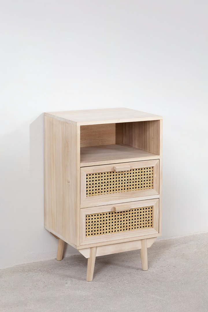 Rattan & Mango Wood Bedside Table with Drawers | Wooden Bedside Table - Agnes