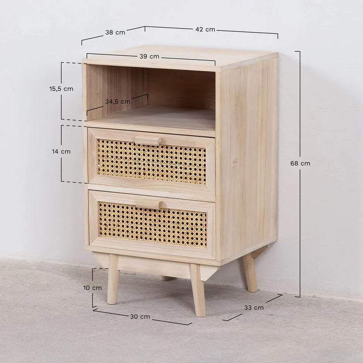 Rattan & Mango Wood Bedside Table with Drawers | Wooden Bedside Table - Agnes