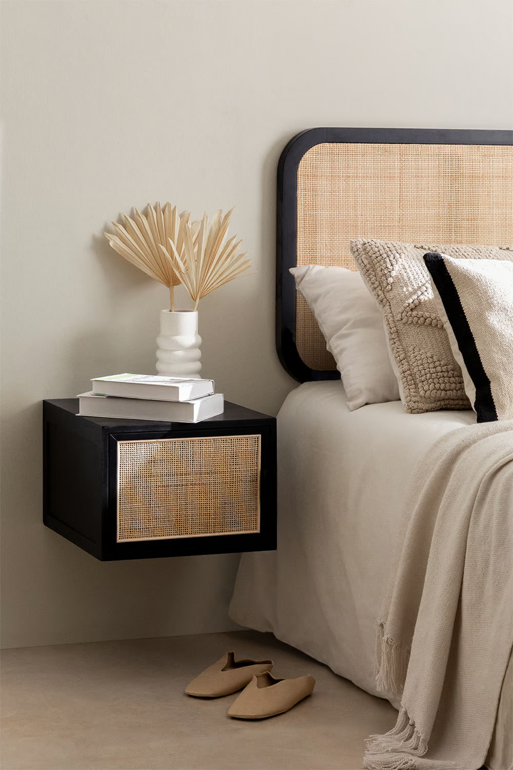 Rattan & Wood Wall-Mounted Bedside Table - Gemma