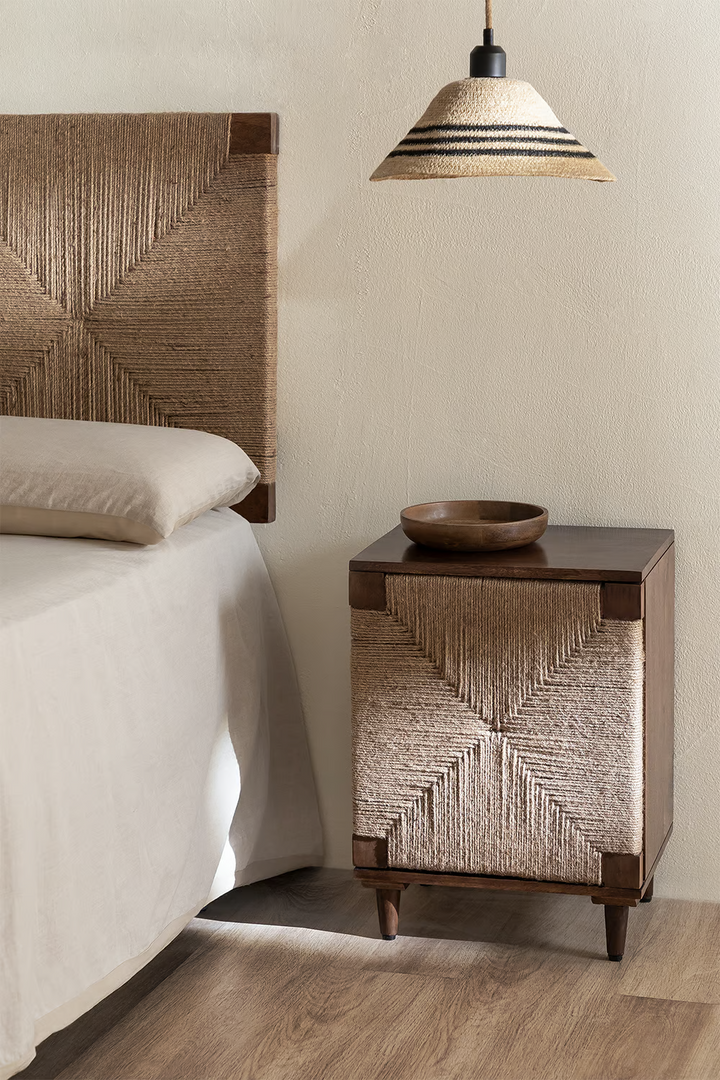 Mango Wood & Jute Bedside Table for Bedroom - Daisy