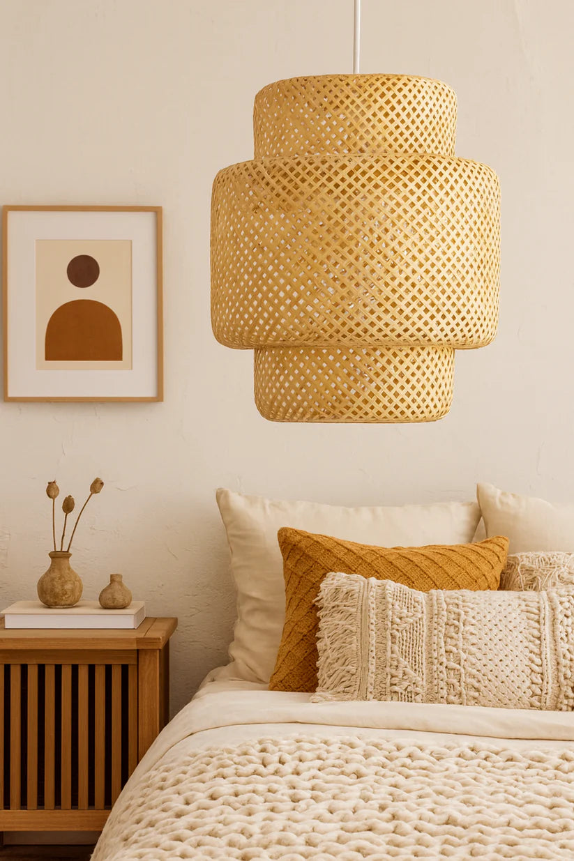 Bamboo Ceiling Light for Bedroom | Rattan Flush Mount Lamp - Aurora