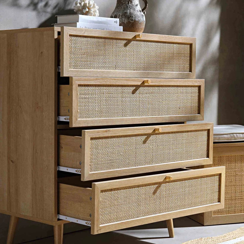 Wood & Cane Chest of Drawers for Bedroom - Rissaa