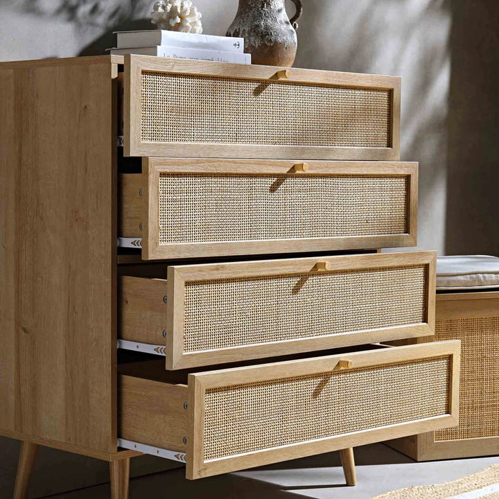 Wood & Cane Chest of Drawers for Bedroom - Rissaa