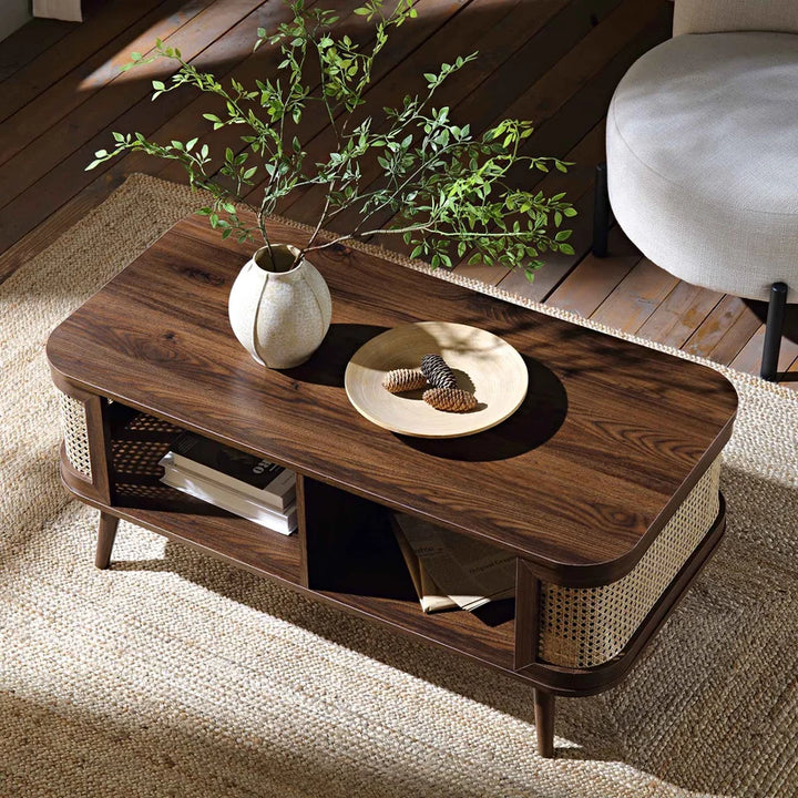 Wood & Cane Coffee Table for Living Room - Fizzaa