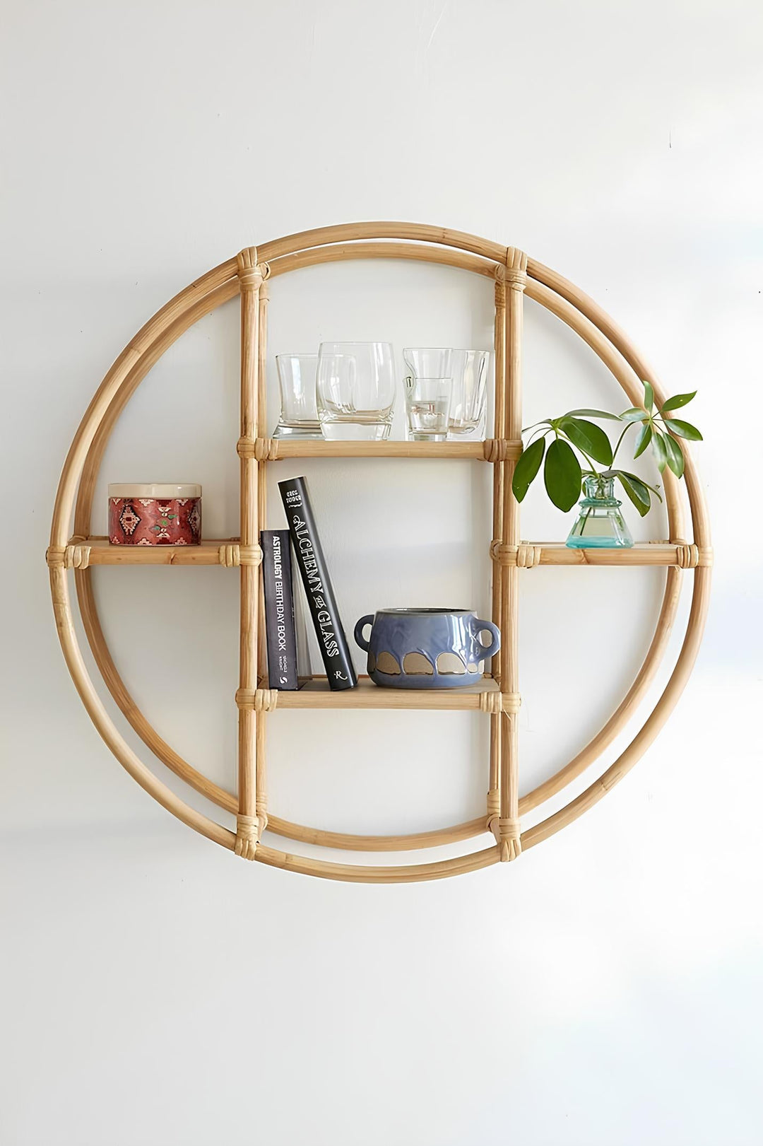 Luxury Rattan Handicrafts  Cane Wicker Rattan Bamboo Round Floating Wall Shelves for storage organizer for Living Room by Luxury Rattan Handicrafts 
