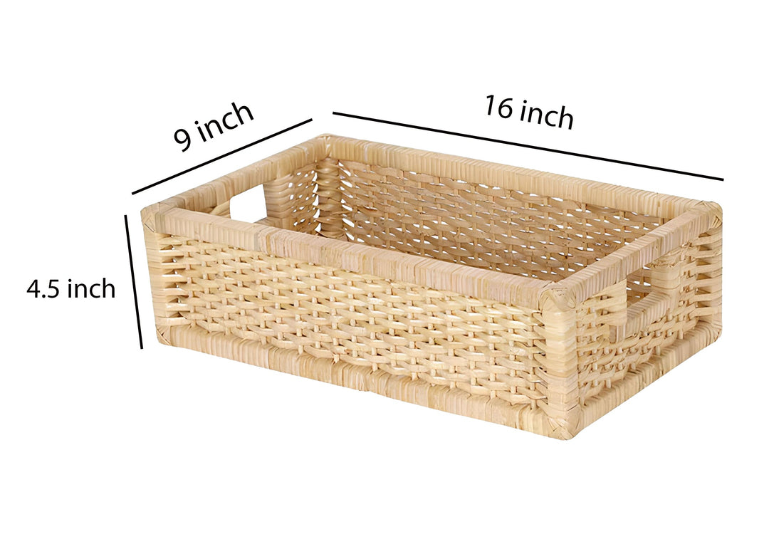 Luxury Rattan Handicrafts  Handmade Bamboo Wicker Storage Organizer Basket for Cloth, Toiletry, Bathroom (16 x 9 x 4.5, Beige,Rattan,Pack of 1) - 