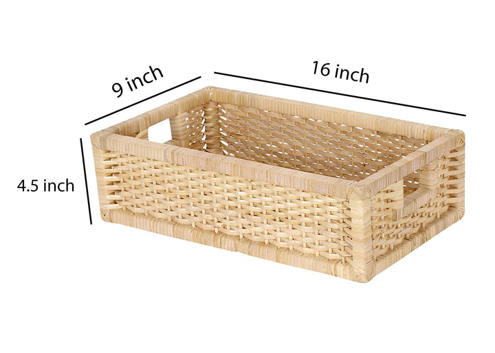 Luxury Rattan Handicrafts  Handmade Bamboo Wicker Storage Organizer Basket for Cloth, Toiletry, Bathroom (16 x 9 x 4.5, Beige,Rattan,Pack of 1) - 
