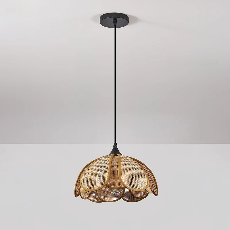 Rattan Bloom Pendant Light | Natural Cane Petal Hanging Lamp| Handwoven Rattan Leaf Pendant Boho Cane Ceiling Hanging Light -