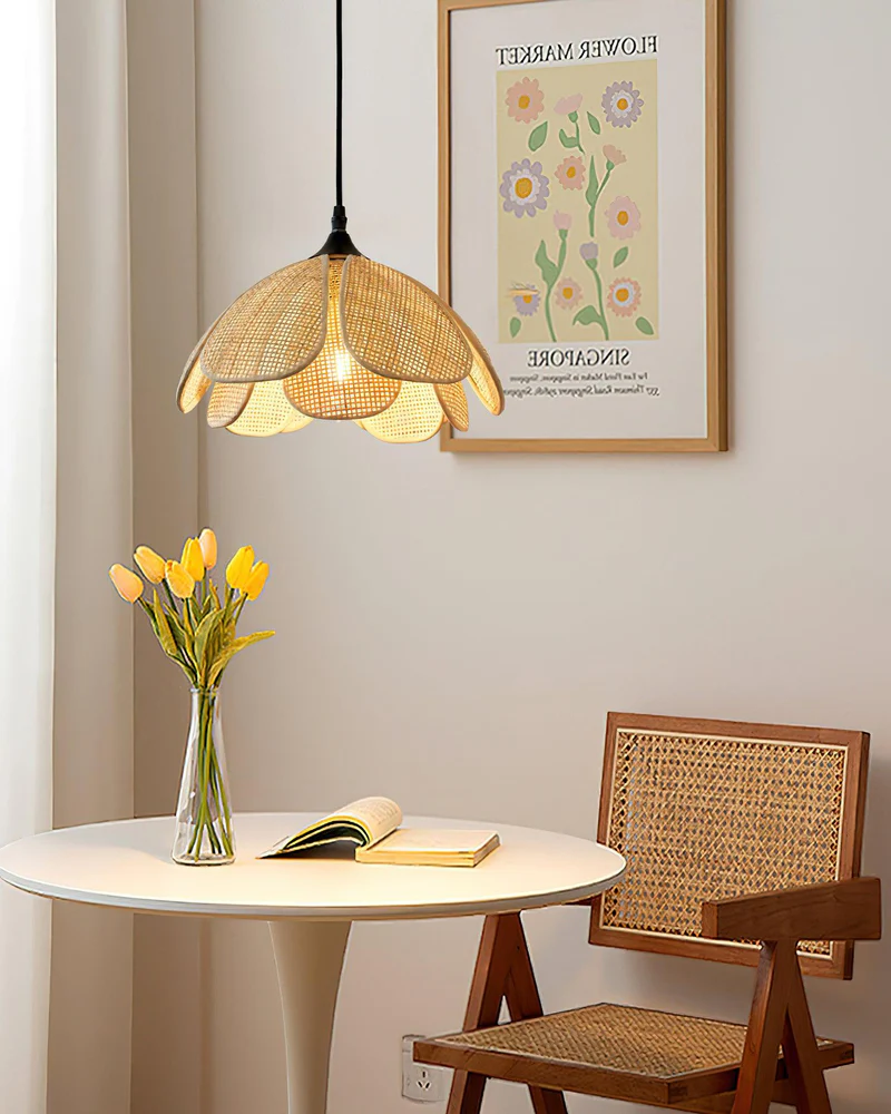 Rattan Bloom Pendant Light | Natural Cane Petal Hanging Lamp| Handwoven Rattan Leaf Pendant Boho Cane Ceiling Hanging Light -