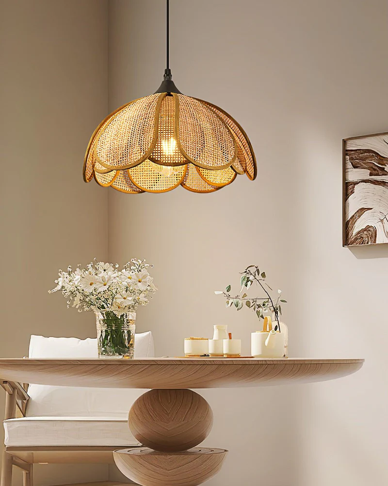 Rattan Bloom Pendant Light | Natural Cane Petal Hanging Lamp| Handwoven Rattan Leaf Pendant Boho Cane Ceiling Hanging Light -