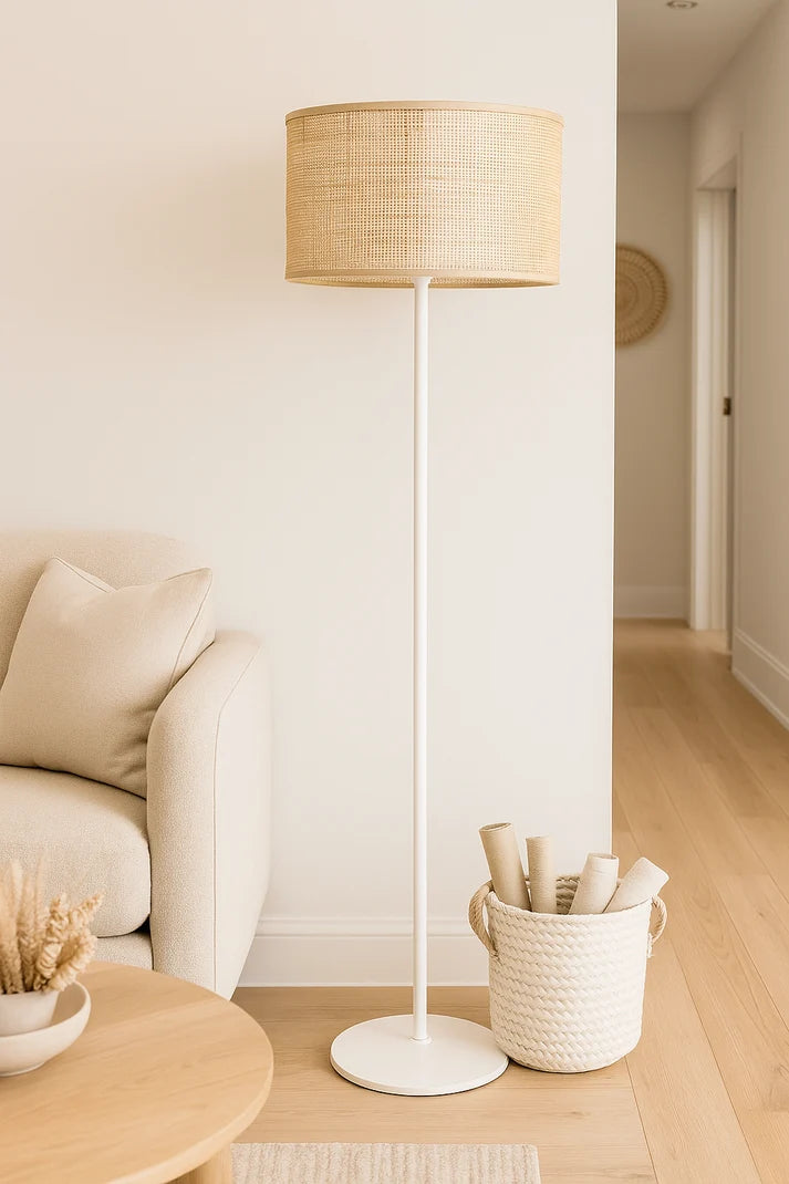Rattan Cane Webbing Floor Lamp | Bamboo Standing Lamp White Stand - Amara
